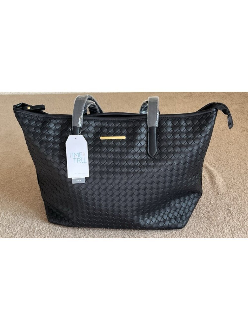 Time and Tru 3 Piece Handbag Set Black Woven Tote NWT - Picture 10 of 10